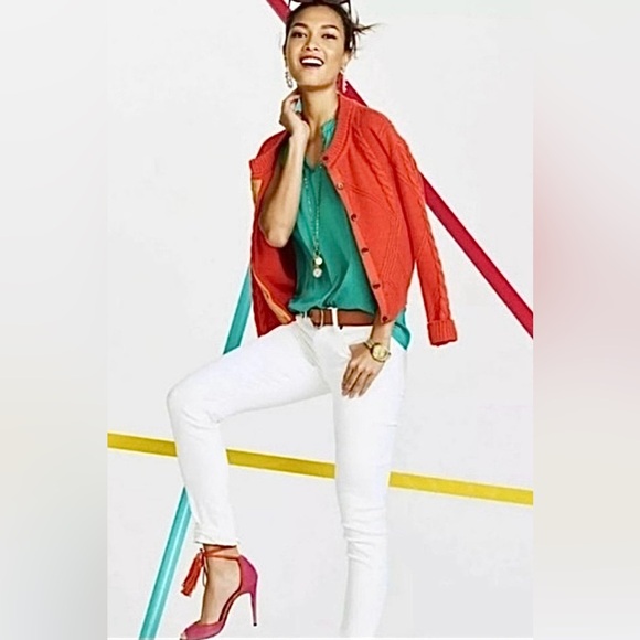 Cabi Orange Cable Knit Button Front Cardigan Sweater w/ Colorful Placket, Large - Picture 2 of 16